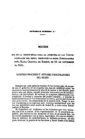Discurso que en la sesión régia para la apertura de las Cortes Generales del Reino, pronunció la Reina Gobernadora Doña Maria Cristina de Borbón, en 16 de noviembre de 1835.