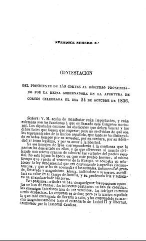 Contestación del presidente de las Cortes al discurso pronunciado por la Reina Gobernadora en la apertura de Cortes celebrada el día 24 de octubre de 1836.