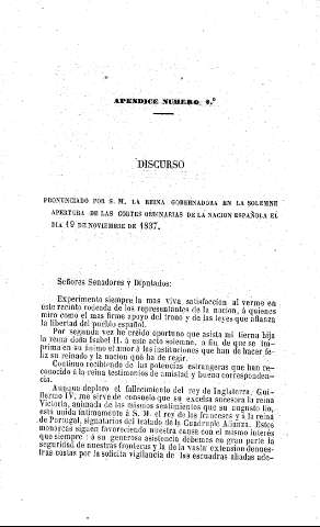 Discurso pronunciado por S.M. la Reina Gobernadora en la solemne apertura de las Cortes ordinarias de la nación española el día 19 de noviembre de 1837.