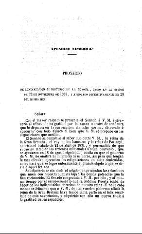Proyecto de contestación al discurso de la Corona, leído en la sesión de 22 de noviembre de 1838, y aprobado definitivamnete en 28 del mismo mes.