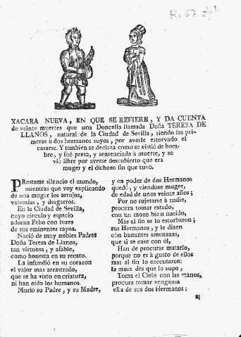 Xacara nueva, en que se refiere, y da cuenta de veinte muertes que una doncella llamada Doña Teresa de Llanos ...