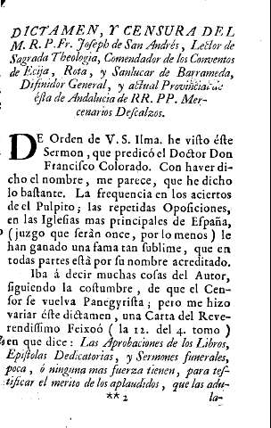 Dictamen, y censur del M. R. P. Fr. Joseph de San Andrés, Lector de Sagrada Theologia, Comendador de los Conventos de Ecija, Rota, y Sanlucar de Barrameda ...