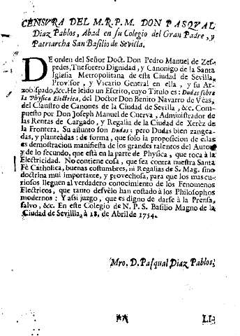 Censvra del M.R.P.M. Don Pasqvual Diaz Pablos, Abad en su Colegio del Gran Padre, y Patriarcha San Basilio de Sevilla