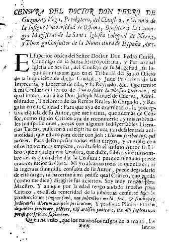 Censvra del doctor Don Pedro de Guzmán y Vega, Prebytero, del Claustro, y Gremio de la Insigne Vniversidad de Ossuna ...