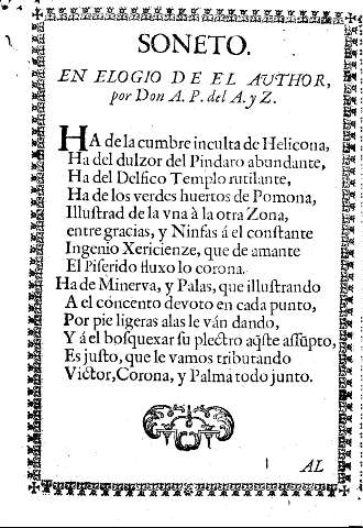 Soneto en elogio de el author, por Don A.P. del A.Z.