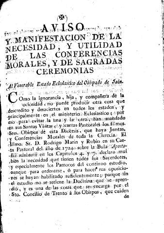 Aviso y manifestacion de la necesidad, y utilidad de las conferencias morales, y de sagradas ceremonias