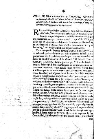 Copia de vna carta de D. Manuel Ventura de Sandoval ... Professo de la Tercera Orden de Santo Domingo, al ... Padre Provincial de Andaluzia