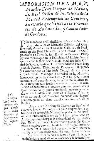 Aprobacion del M.R.P. Maestro Fray Gaspar de Navas, del Real Orden de N. Señora de la Merced ...