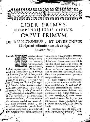 Liber primvs compenij iuris civilis. Capvt primvm. De definitioninus, et divissionibus 