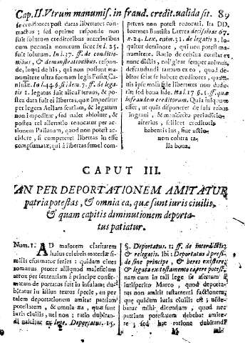 Caput III. An per deportationem amitatur patriapotestas, et omnia ea, que sun iuris ciuilis. Et quam capitis diminutionem deportatus patiatur.