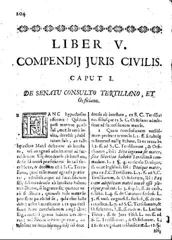 Liber V. Compendij juris civilis. Caput I. De senatu consulto tertiliano, et orficiano