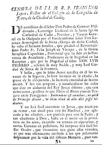Censvra de el M. R. P. Frnacisco Lopez, Rector de el Colegio de la Compañia de Jesus, de la Ciudad de Cadiz