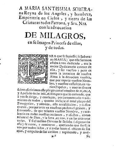 A Maria Santissima soberana Reyna de los Angeles, y hombre, Emperatriz en Cielos, y tierra de las Criaturas ...