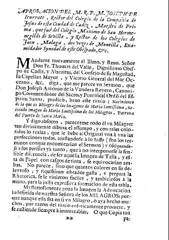 Aprobacion del M.R.P. M. Joseph de Iturrate, Rector del Colegio de la Compañia de Jesus de esta ciudad de Cadiz ...