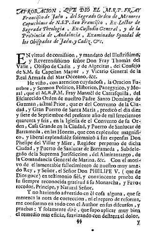 Aprobacion, qve dio el M.R.P. Fray Francisco de Jaén, del Sagrado Orden de Menores Capuchino de N.S.P. San Francisco ...