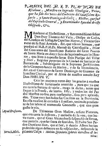 Parecer del M. R. P. Fray Jvan de Escalona, Maestro en Sagrada Theologia, Prior, que ha sido dos veces del Convento del Santissimo Rosario ...