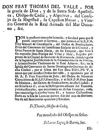 Don Fray Thomas del Valle, por la gracia de Dios, y de la Santa Sede Apostolica, Obispo de Cadiz, y Algeciras ...