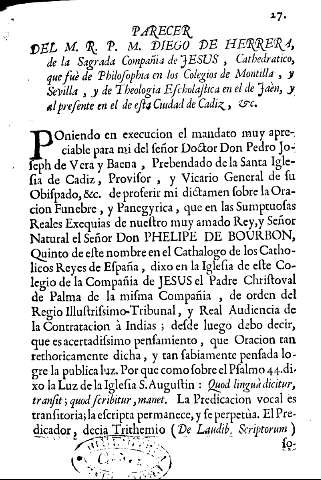 Parecer del M. R. P. M. Diego de Herrera de la Sagrada Compañia de Jesus, Cathedratico que fuè de Philosophia en los Colegios de Montilla ...