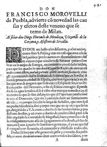 Don Francisco Morovelli de Puebla, advierte co novedad causas y efectos deste veneno que se teme de Milan.