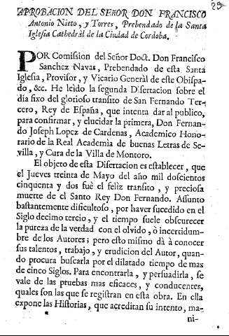 Aprobación del Señor Don Francisco Antonio Nieto, y Torres, Prebendado de la Santa Iglesia Cathedral del Ciudad de Cordoba.