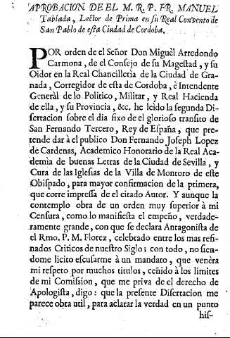Aprobacion de el M.R.P. Fr. Manuel Tablada, lector de prima en su Real Convento de San Pablo de esta Ciudad de Cordoba.
