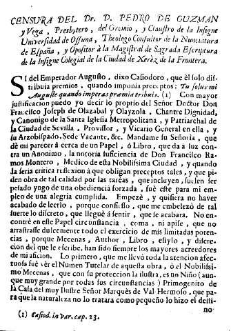 Censura del Dr. D Pedro de Guzman y Vega, Prebytero, del Gremio, y Claustro de la Insigne Universidad de Ossuna ...