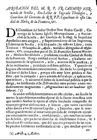 Aprobacion del M. R. P. Fr. Casimiro Fernando de Sevilla, Ex-lector de la Sagrada Theologia, y Guardian del Convento de R.R.P.P. Capuchinos de esta Ciudad de Xerèz de la Frontera, etc.