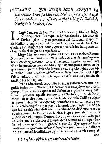 Dictamen, que sobre este escrito dà Don Gabriel Francisco Clavería, medico aprobado por el Real Protho-Medicato, y residente en esta M.N. y L. Ciudad de Xerèz de la Frontera, etc.