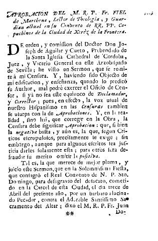 Aprobacion del M. R. P. Fr. Fiel de Marchena, Lector de Theologia, y Guardian actual en su Convento de RR. PP. Capuchinos de la Ciudad de Xerèz de la Frontera