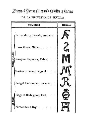 Marcas ó Hierros del ganado Caballar y Vacurno de la provincia de Sevilla