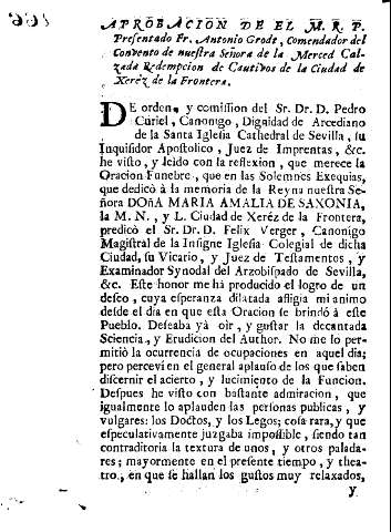 Aprobacion de el M. R. P. Presnetado Fr. Antonio Grodi, Comendador del Convento de nuestra Señora de la Merced Calzada Redempcion ...
