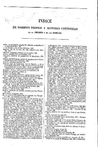 Indice de nombres propios y materias contenidas en el Amadís y en las Sergas