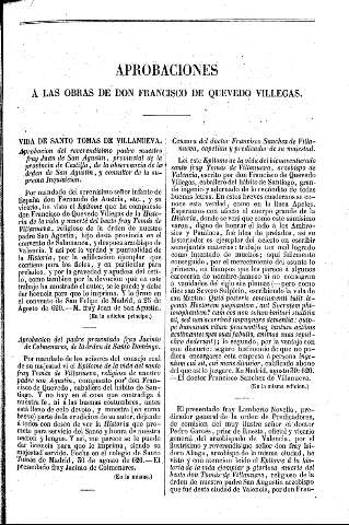 Aprobaciones à las obras de Don Francisco de Quevedo Villegas