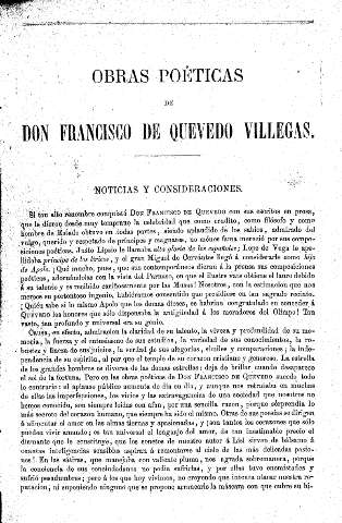 Obras poéticas de Don Francisco de Quevedo Villegas. Noticias y consideraciones