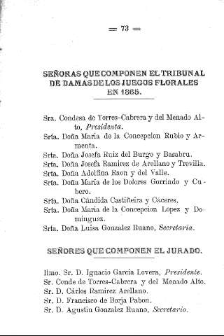 Señoras que componen el tribunal de damas de los juegos florales en 1865. Señores que componen el jurado