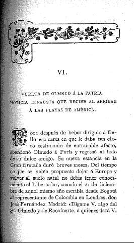 VI. Vuelta de Olmedo á la patria. Noticia infausta que recibe al arribar á las playas de América.