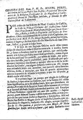 Censura del Rmo. P. M. Fr. Miguel Perez, ...