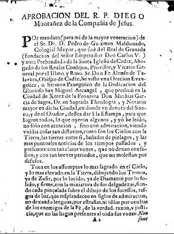 Aprobacion del R. P. Diego Montañez de la Compañia de Jesus.