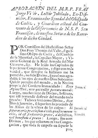 Aprobacion del M.R.P. Fray Jorge Viñér, Lectór Jubilado, Ex-Difinior, Examinador Synodal del Obispado de Cadiz ...