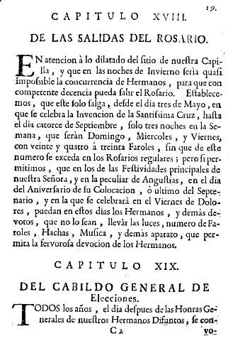 Capitulo XVIII. De las salidas del rosario. Capitulo XIX. Del cabildo general de elecciones.
