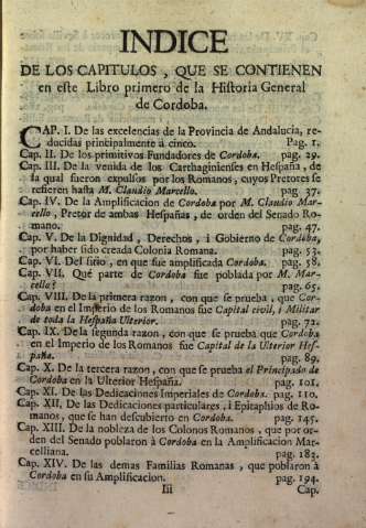 Indice de los capítulos, que se contienen en este libro primero de la Historia General de Córdoba.