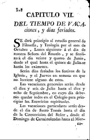 Capitulo VII. Del tiempo de vacaciones, y dias feriados.
