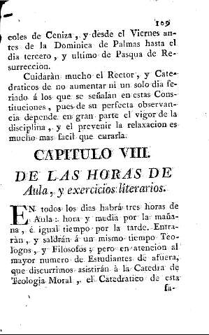 Capitulo VIII. De las horas de Aula, y exercicios literarios.