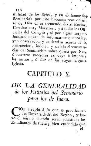 Capitulo X. De la generalidad de los Estudios del Seminario para los de fuera.
