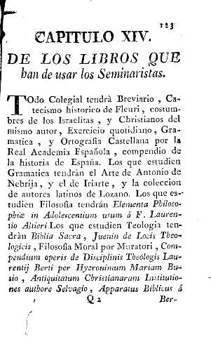 Capitulo XIV. De los libros que han de usar los Seminaristas.