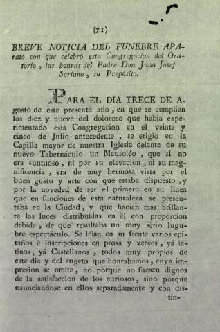 Breve noticia del funebre aparato con que celebró esta Congregación del Oratorio, las honras del Padre Don Juan Josef Soriano, su Prepósito.