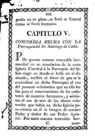 Capitulo V. Concordia hecha con la Parroquia del Sr. Santiago de Cadiz.