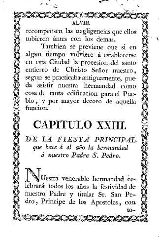 Capitulo XXIII. De la fiesta principal que hace á el año la hermandad á nuestro Padre S. Pedro.