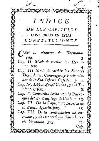 Indice de los capitulos contenidos en estas constituciones.