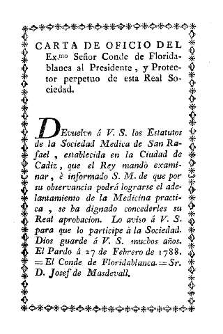 Carta de oficio del Ex.mo Señor Conde de Floridablanca al Presidente, y Protector perpetuo de esta Real Sociedad